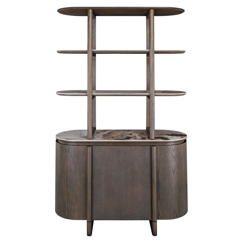 Modernes Regal aus Holz in Braun mit offenen Regalböden und geschlossenem Stauraum.