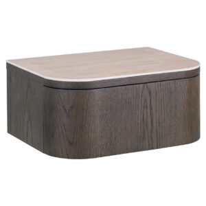 Chevet en bois brun avec un plateau clair.