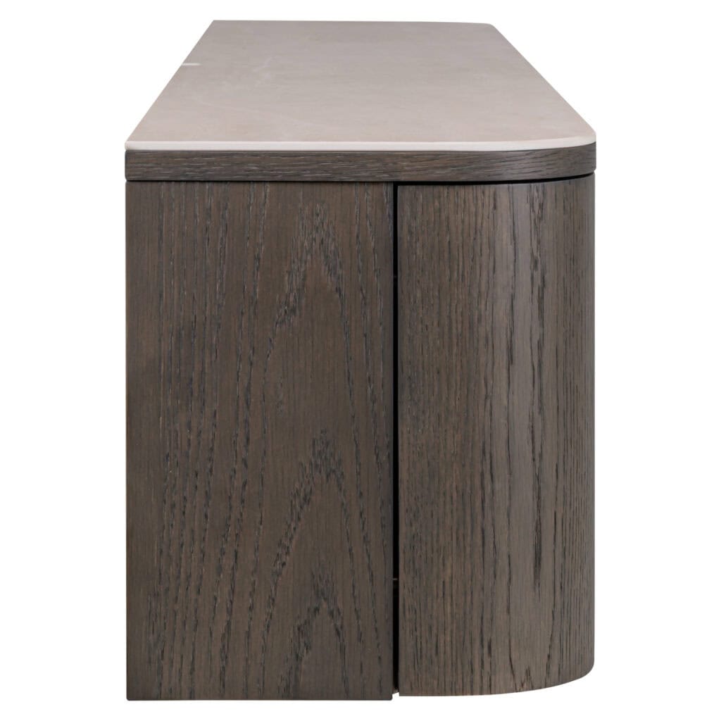 Modern TV-meubel Nando in bruin hout met afgeronde hoeken.