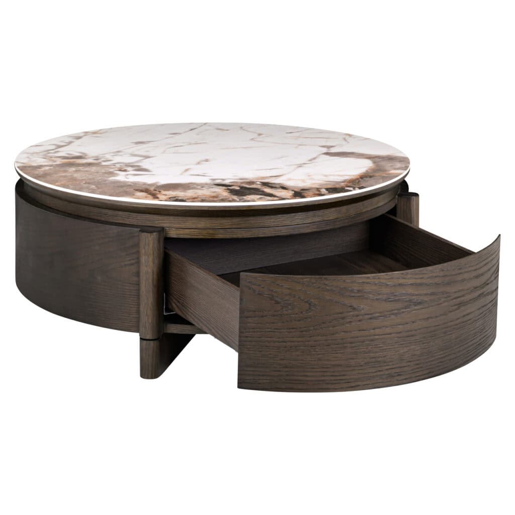 Runder Couchtisch mit Marmorplatte und einer Schublade aus dunklem Holz.