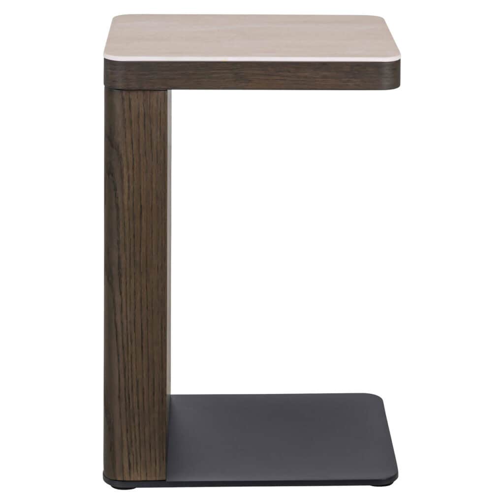 Moderner Beistelltisch „Nando“ mit Holz- und Metalloberflächen.