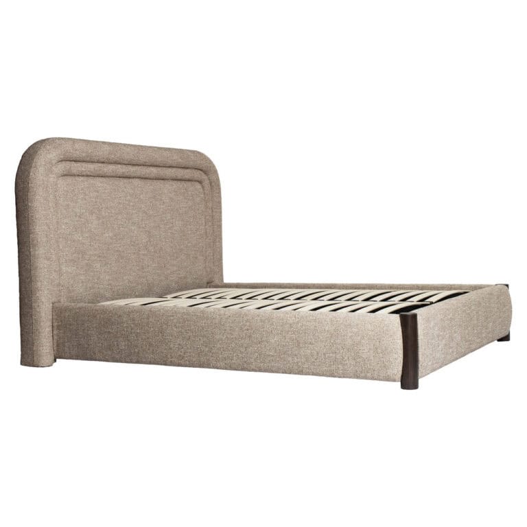 Richmond bed met zandkleurige tweed bekleding en houten poten.