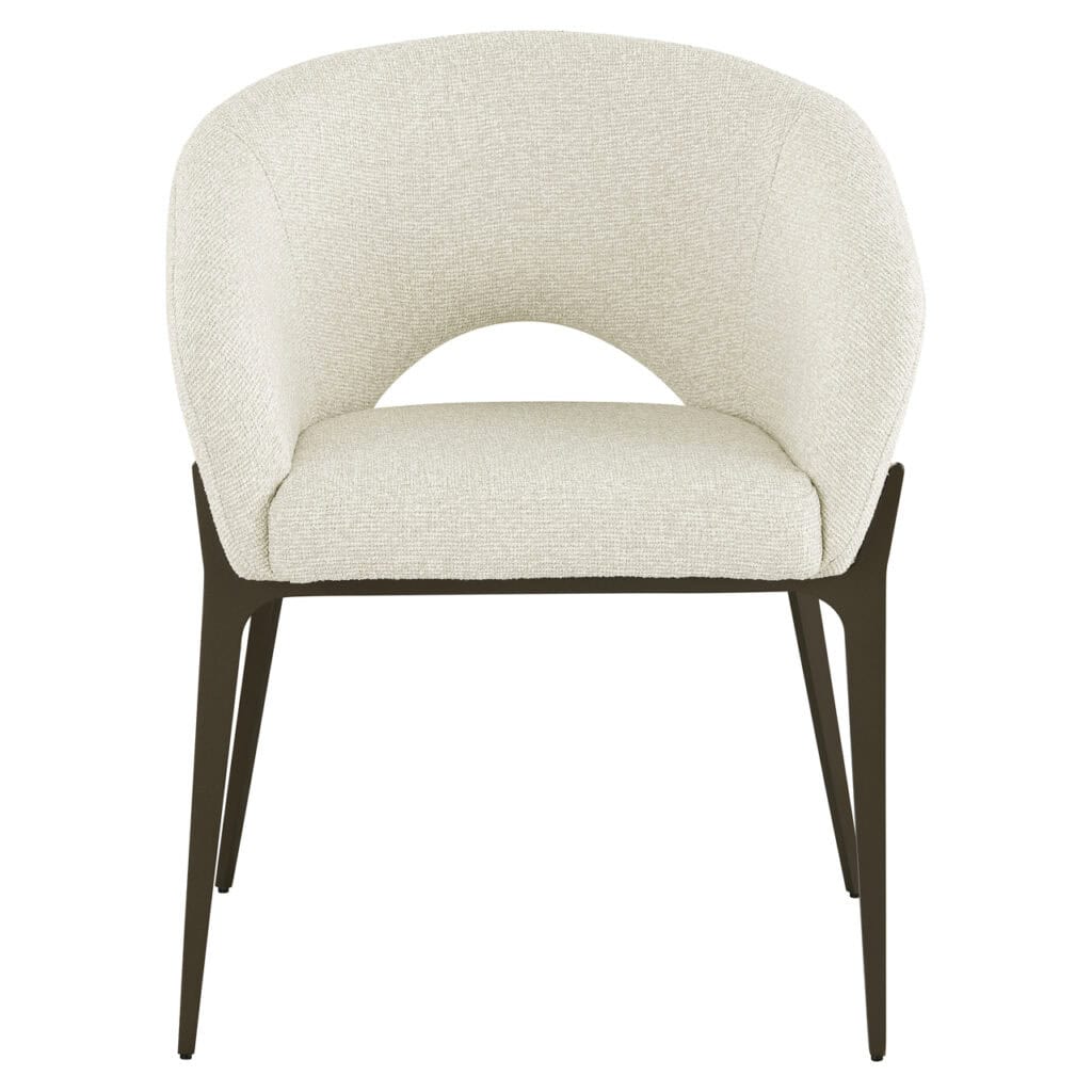 Kenzi modern dining chair with a black frame and light-colored upholstery.