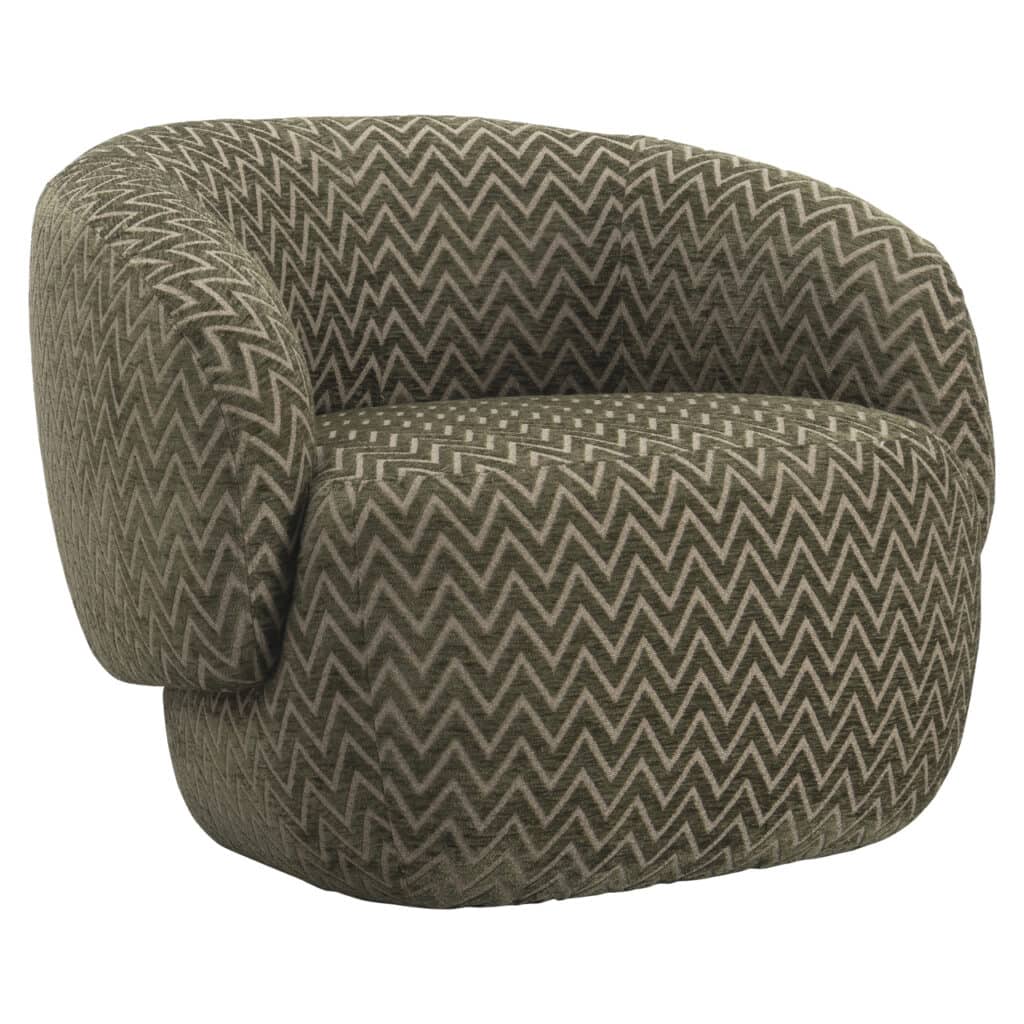 Comfortabele lounge stoel Milano met moss chevron stof voor moderne interieurs.