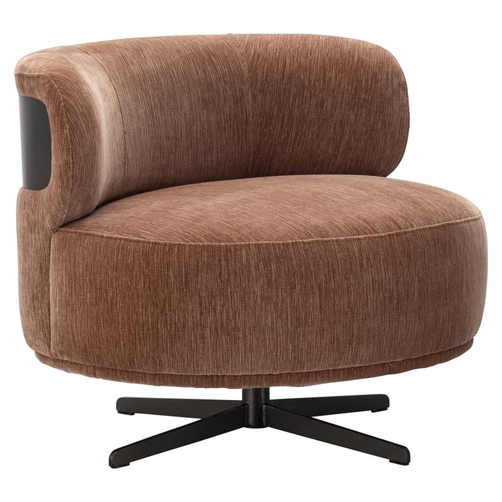 Moderne lounge stoel Lauren in mocha mousse stof met zwart onderstel.