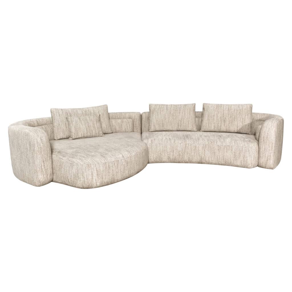 Lichte beige softweave lounge bank met kussens voor comfortabele zithoek.