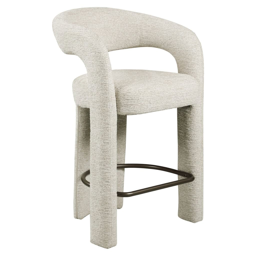 Moderne counterstoel Soho met natuurlijke linnen bekleding en zwart metalen voetsteun.