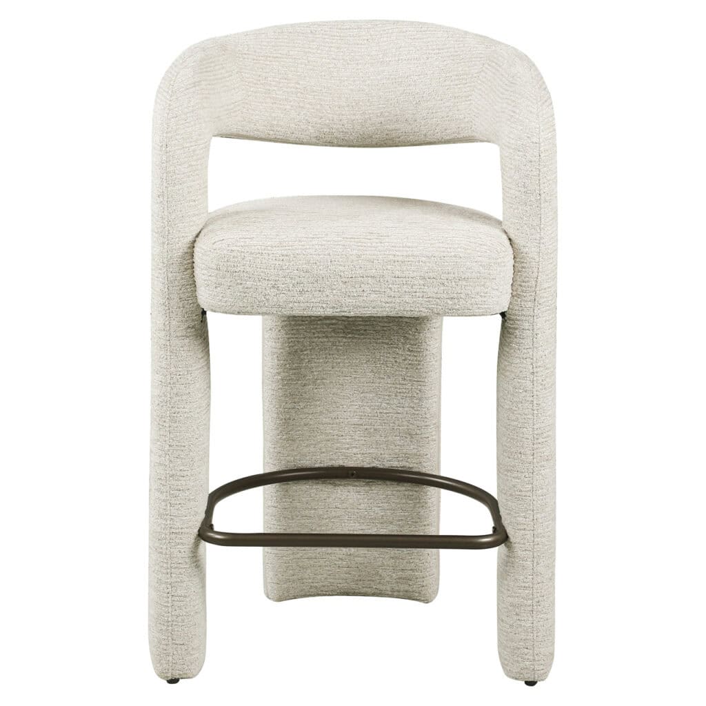 Moderne counterstoel Soho met natuurlijke linnen bekleding en metalen voetsteun.