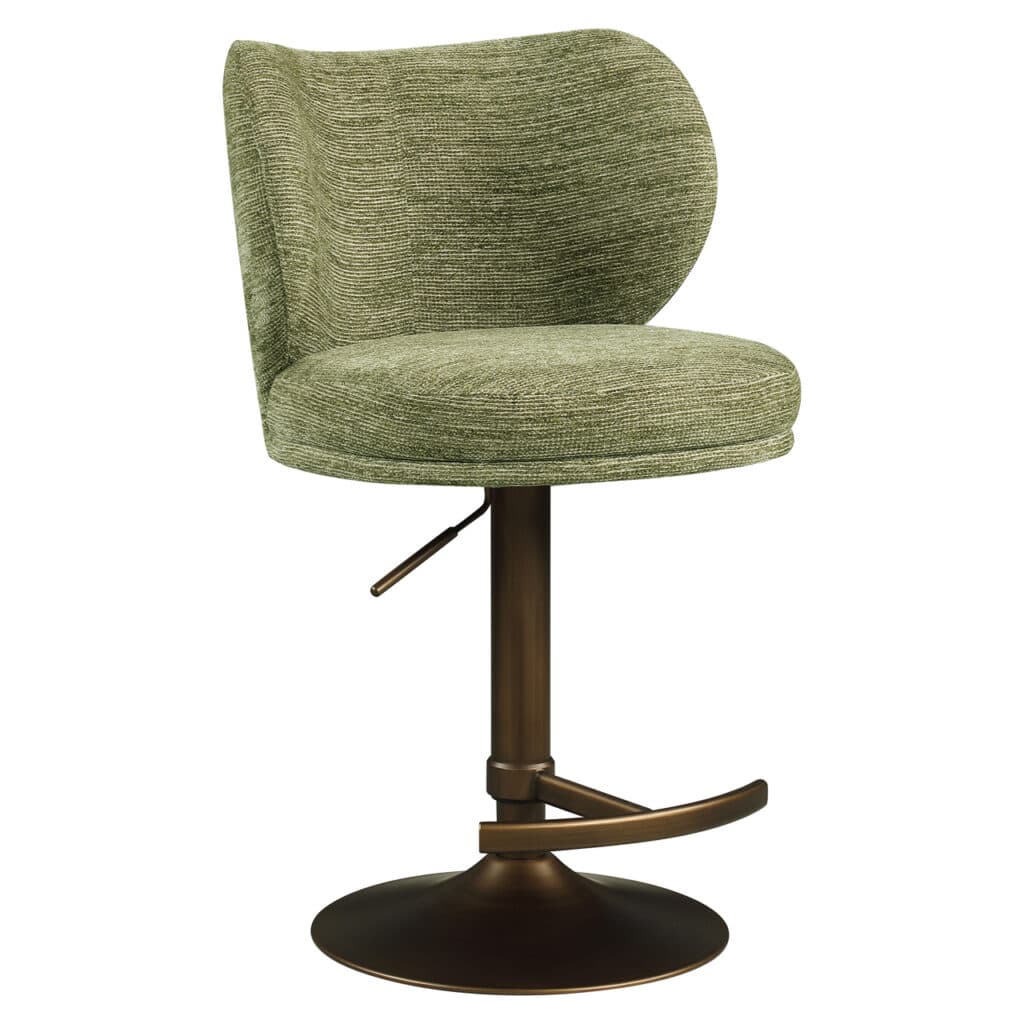 Pistache groene barstoel Amely met draaibaar ontwerp en zachte bekleding.