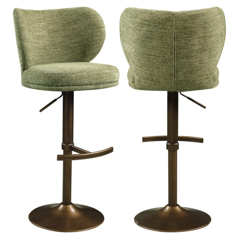 Pistachegroene softweave barstoel met draaifunctie en metalen voet.
