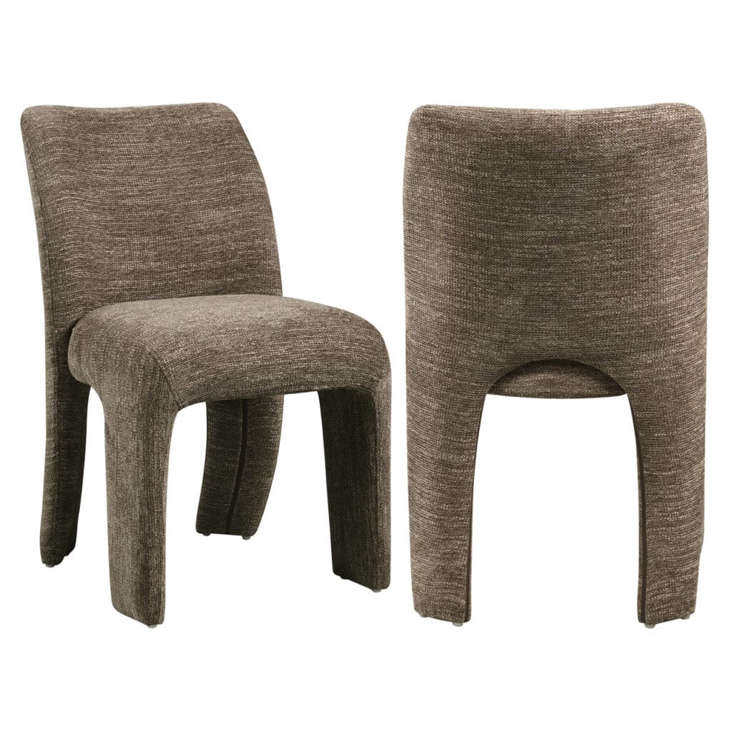 Set van twee Maya eetkamerstoelen in bruin softweave stof.