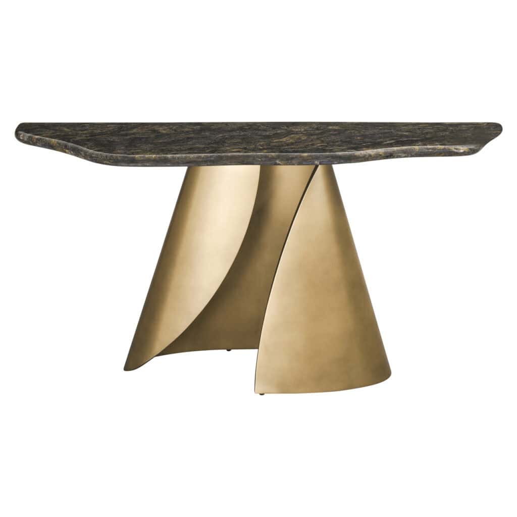 Elegante zwarte console Goldman met gouden basis, modern design voor interieur.
