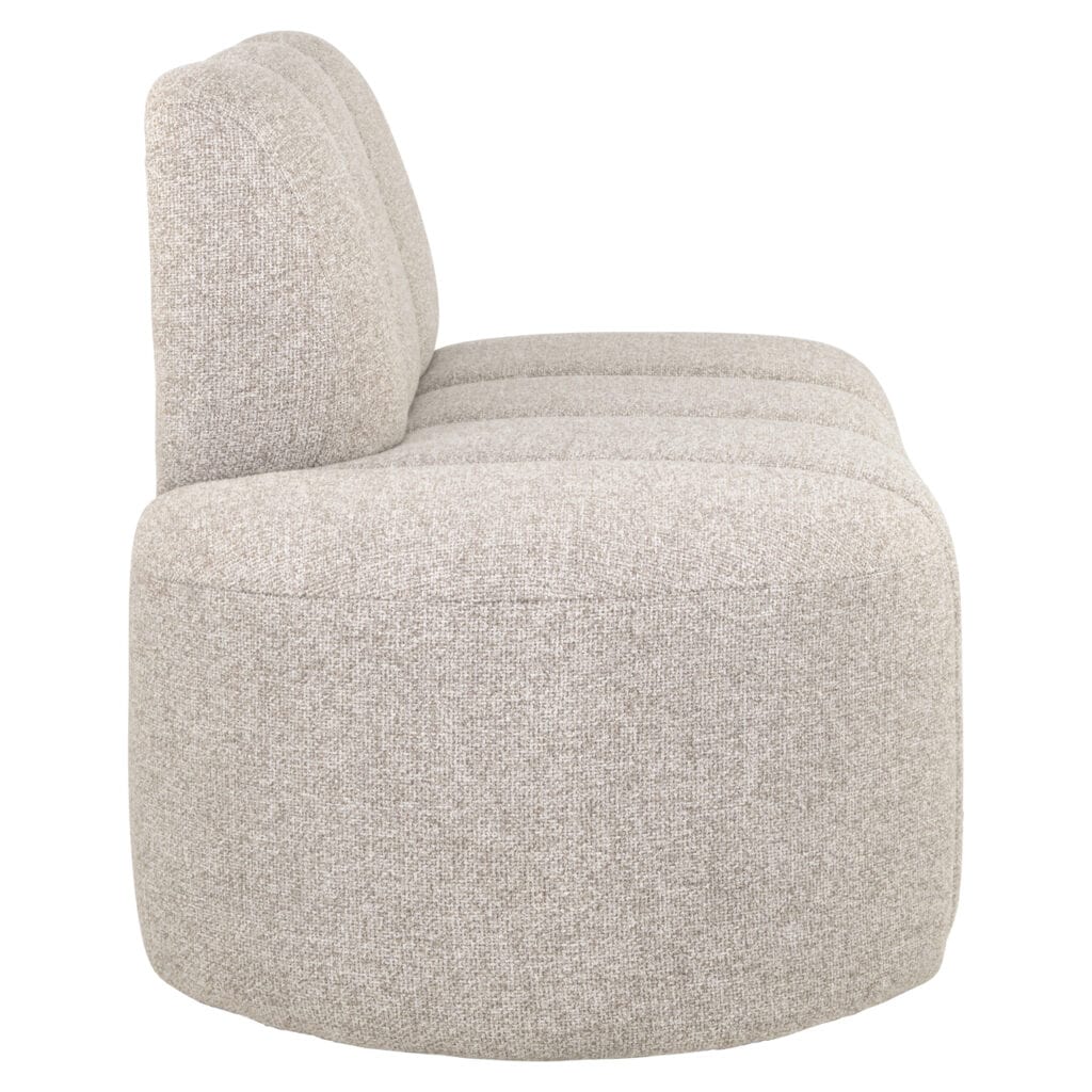 Comfortable beige dining room bench with an open end on the left and a straight backrest.