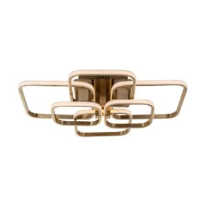 Moderne plafondlamp met geometrisch ontwerp in goud en wit.