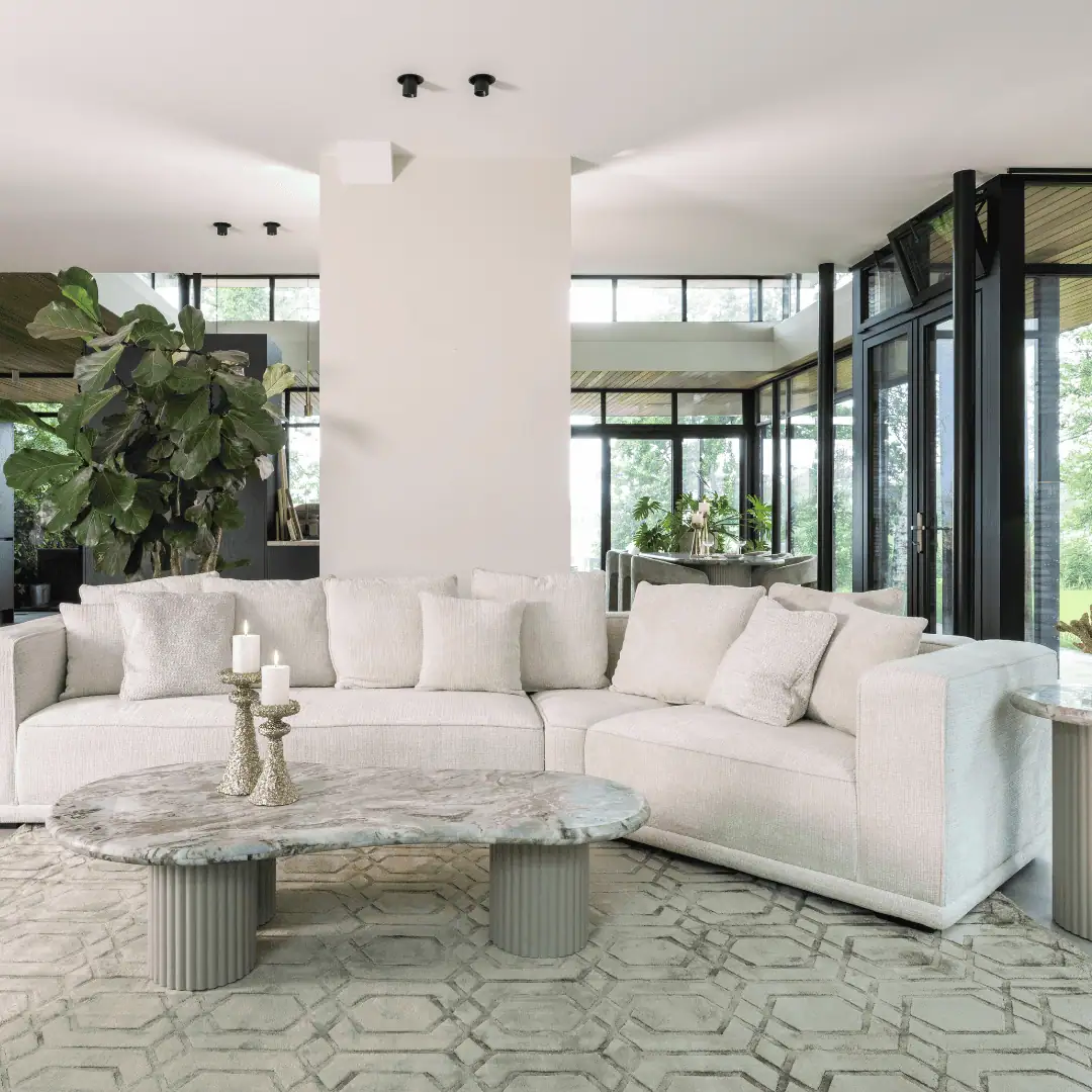 Luxurious living room with large windows, modern furniture, and green plants.