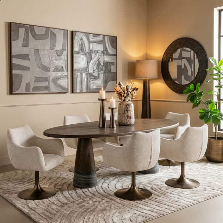 Eethoek met ronde tafel, zes stoelen en decoratieve accessoires.