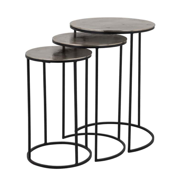 Lot de trois tables basses Nolan finition champagne et structure métallique.