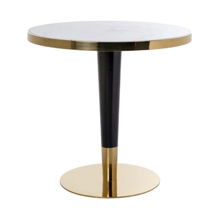 Moderne bistrotafel met marmeren blad en gouden rand, zwart onderstel.