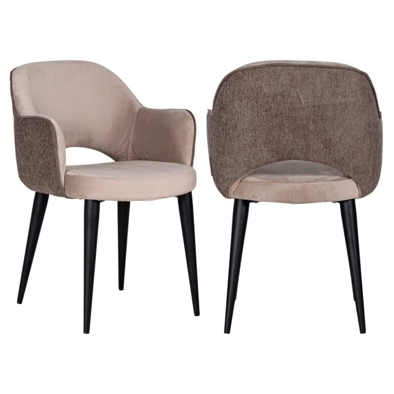 Giovanna Alaska  Stone dining chair with soft upholstery and black legs.