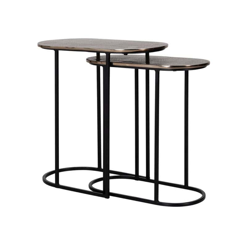 Lot de deux tables d'appoint Chandon ,champagne , avec structure en métal noir.