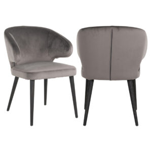 Moderne grijze eetkamerstoel met velvet bekleding en zwarte poten.