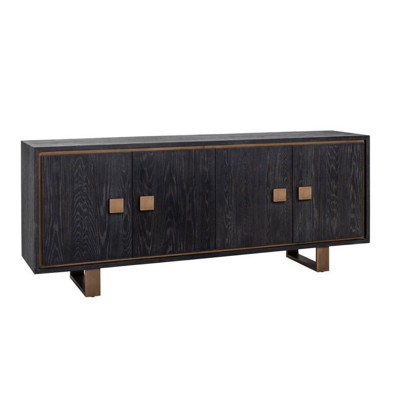 Buffet rustique noir avec des détails en bois, pour le salon ou la salle à manger.