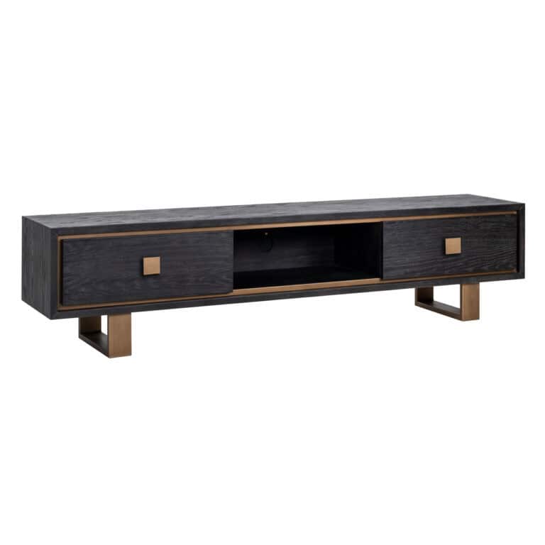 Modern zwart rustiek TV-meubel met houten details en open vak.