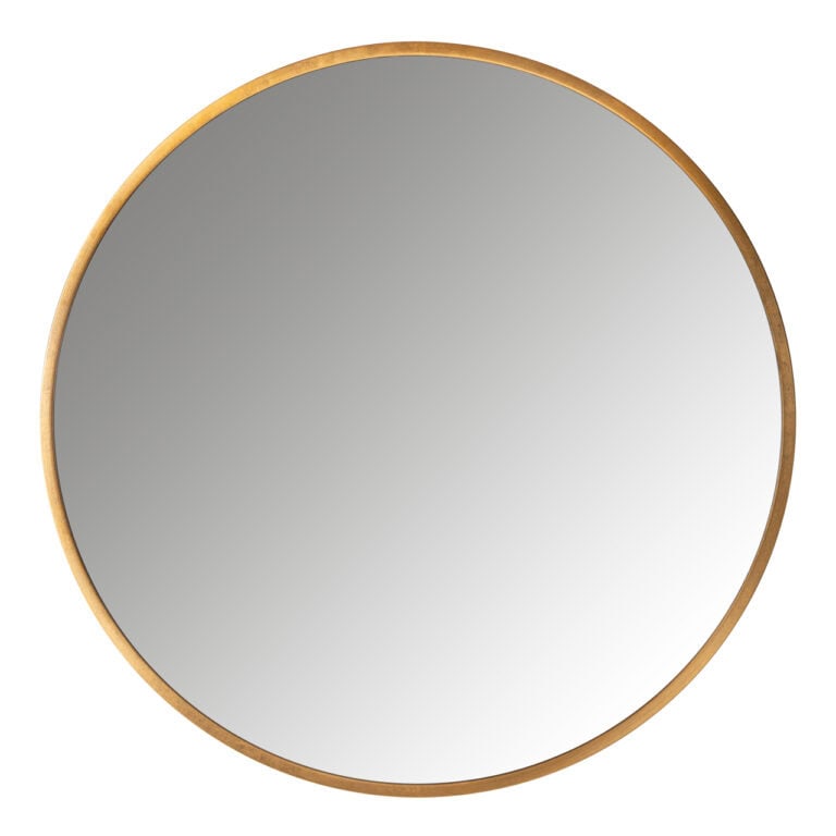 Round gold mirror with a wooden frame for modern interiors.