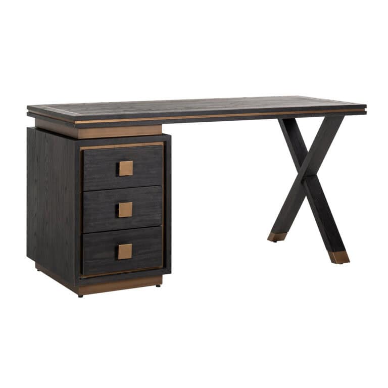 Rustieke bureau met zwart afwerking en houten details.
