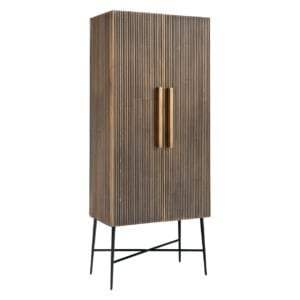 Moderne houten opbergkast met goudkleurige handgrepen en zwart metalen poten.