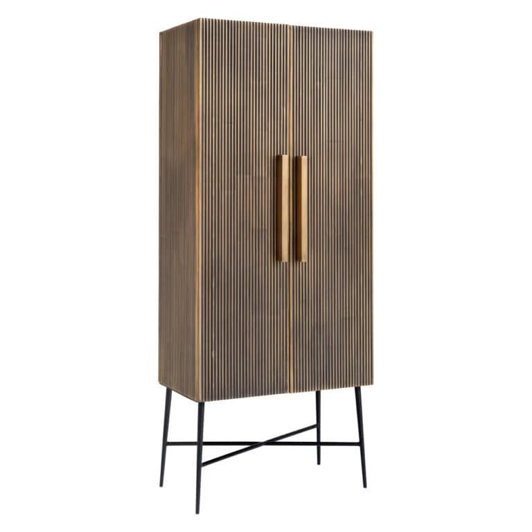 Modern wooden storage cabinet with gold-colored handles and black metal legs.