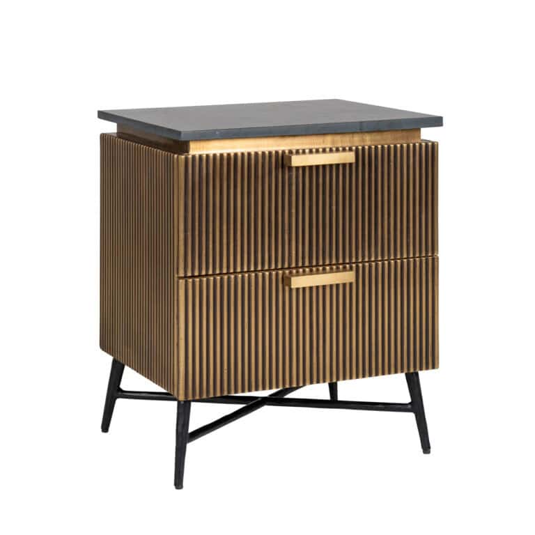 Modern Ironville nightstand Ironville a gold-colored finish and black metal legs.