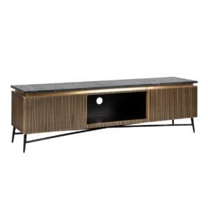 Modern TV-meubel Ironville met goudkleurige details en zwart marmeren blad.