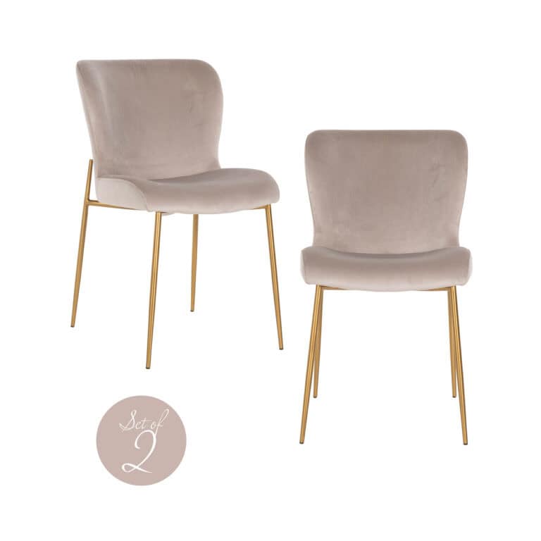 Set van 2 Odessa eetkamerstoelen in khaki fluweel met gouden poten.