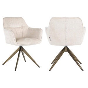 Aline , white chenille swivel dining chair with wooden legs.