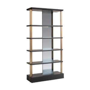 Moderne wandkast met zwart en houtafwerking, ideaal voor interieurdecoratie.
