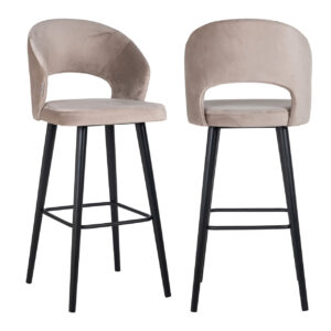 Modern bar stool with khaki upholstery and black legs.