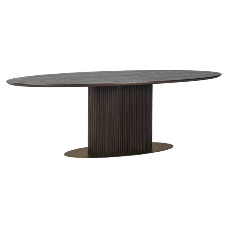 Eettafel Luxor in bruin met ovaal vorm en centrale poot.