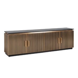 Luxe goudkleurig TV-meubel met verticale lamellen voor modern interieur.