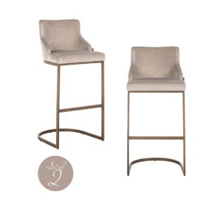 Set van 2 elegante barstoelen met khaki fluwelen bekleding en goudkleurige frame.