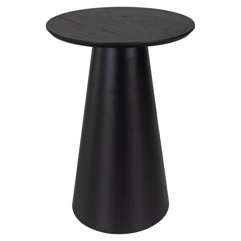 Moderne zwarte bijzettafel met ronde top en conisch onderstel.