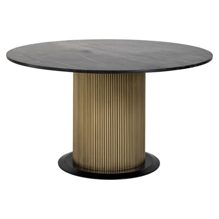 Moderne eettafel met goudkleurige basis en grijze marmeren blad.