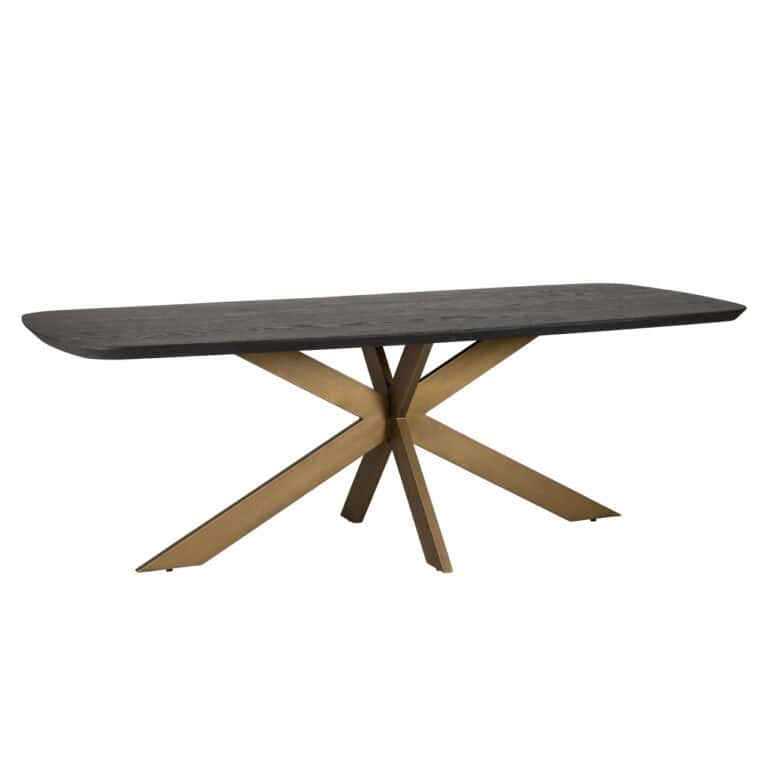 Eettafel Cambon met donker houten blad en unieke onderstel.