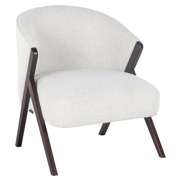 Mia , a modern lounge chair Mia white upholstery and wooden legs.