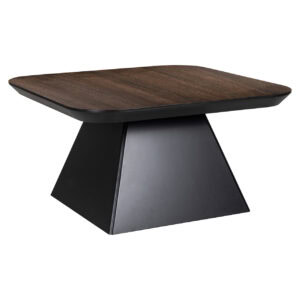 Moderne salontafel Bonvoy met houten bovenblad en zwarte basis.