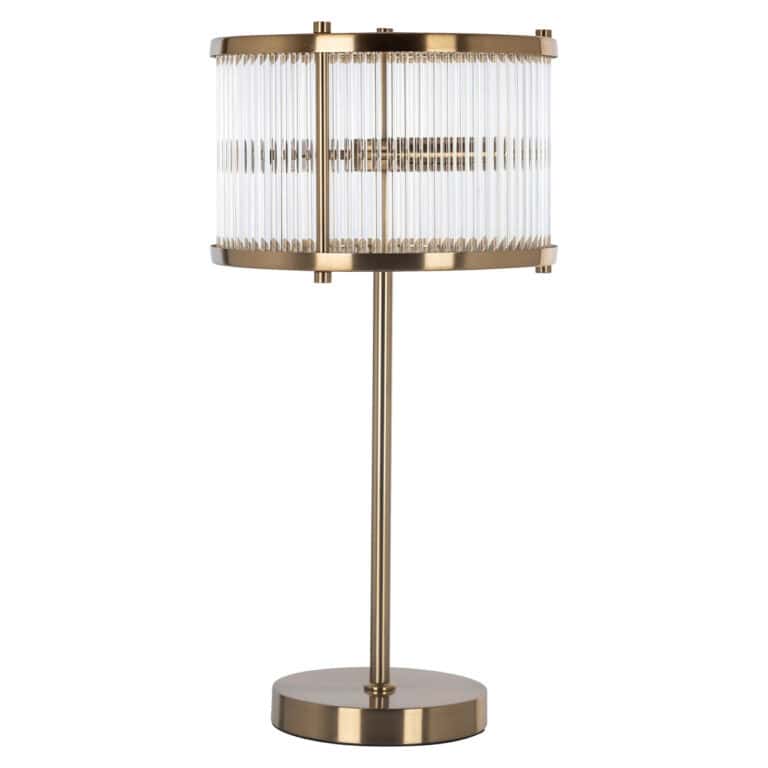 Luxuriöse Tischlampe „ Loiza “ mit goldfarbener Oberfläche und Glasdetails.