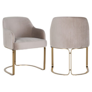 Chaise de salle à manger moderne « Hadley », avec revêtement en velours beige et structure dorée.