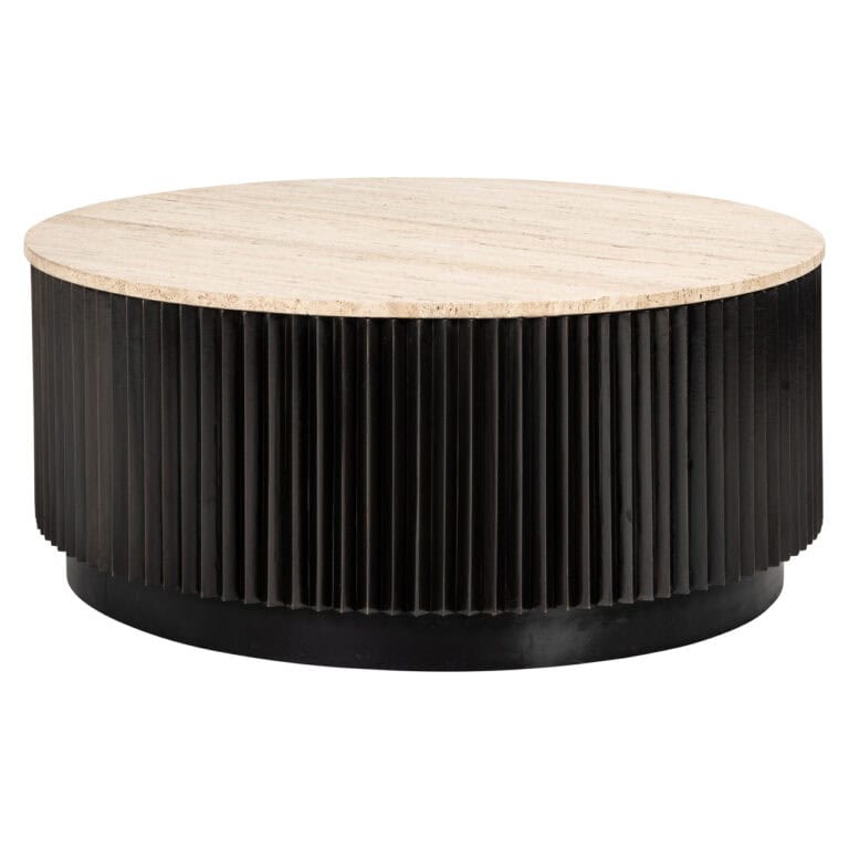 Modern round coffee table with a black ribbed pattern and a light-colored top.