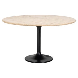 Modern round dining table with a marble top and black base.