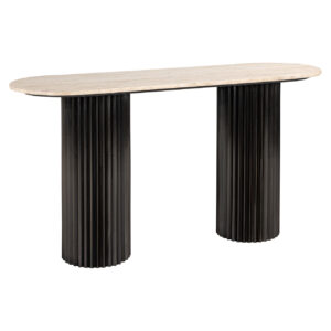 Elegante console met donkerbruine, geribbelde poten en lichte houten blad.